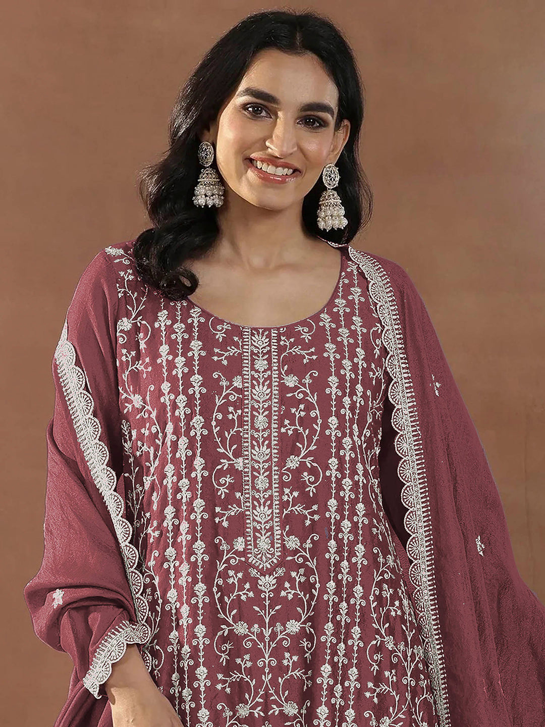 Maroon Art Silk Embroidered Semi Stitched Straight Kurta With Pant &amp; Dupatta