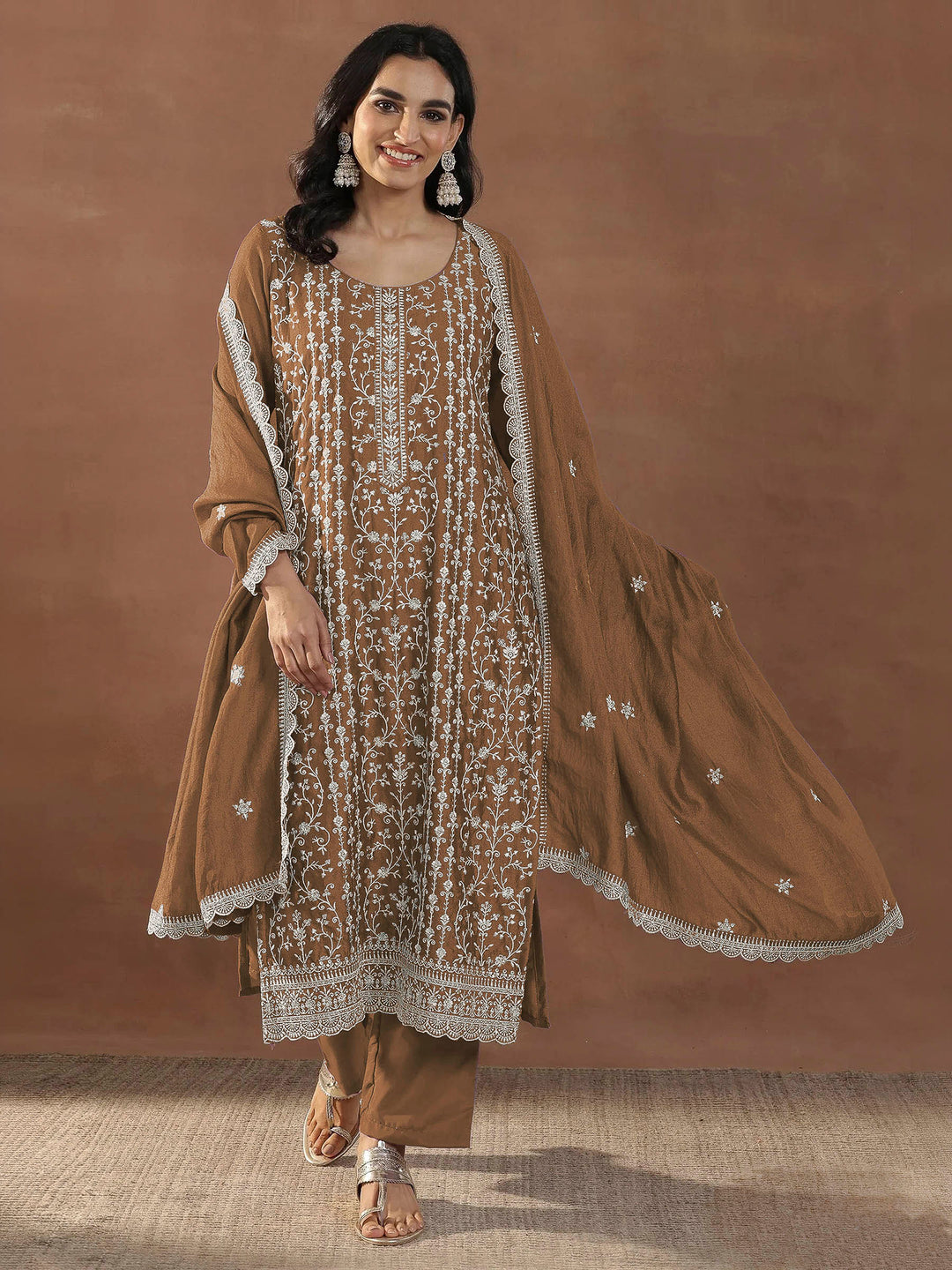 Brown Art Silk Embroidered Semi Stitched Straight Kurta With Pant &amp; Dupatta