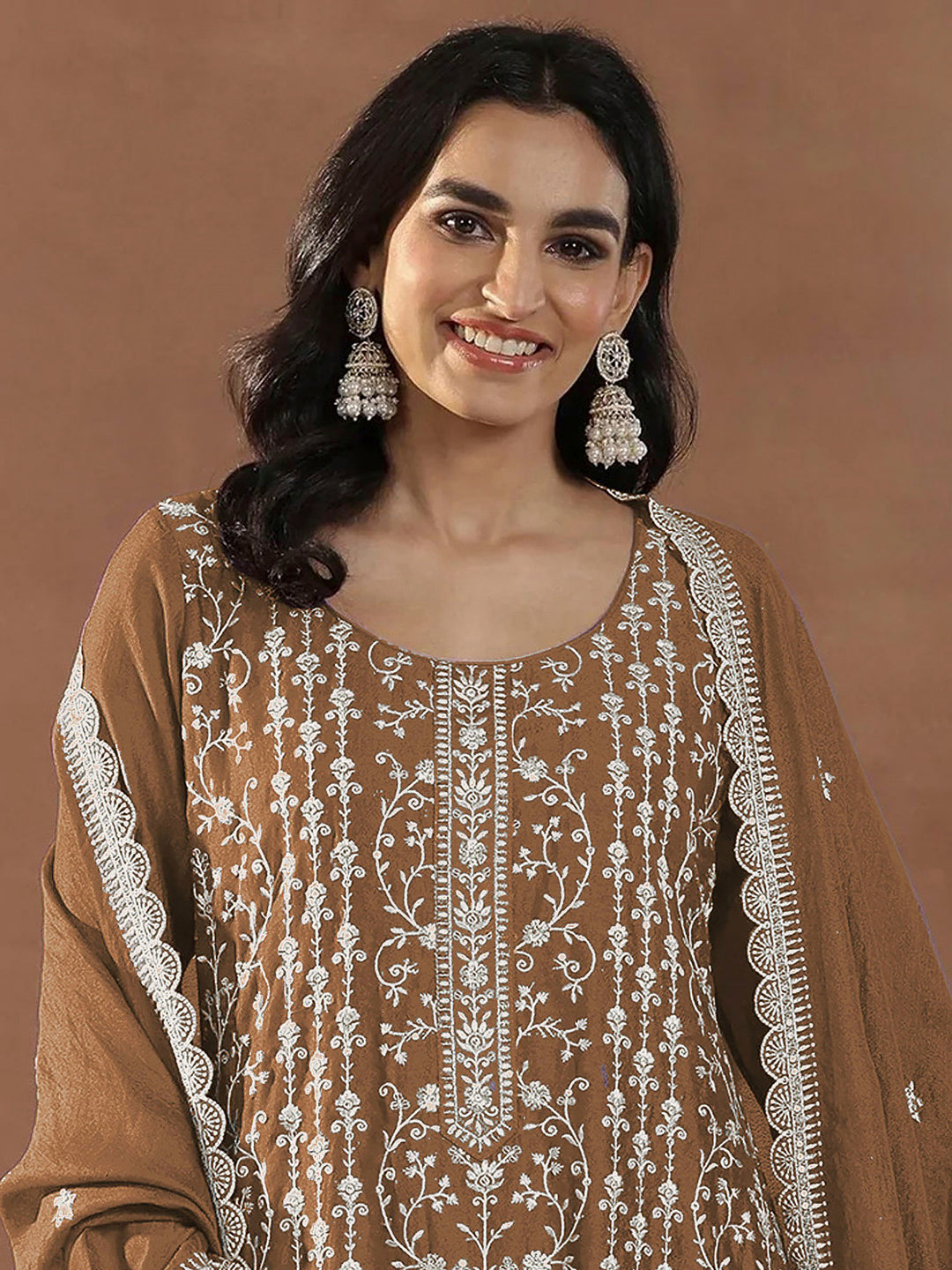 Brown Art Silk Embroidered Semi Stitched Straight Kurta With Pant &amp; Dupatta
