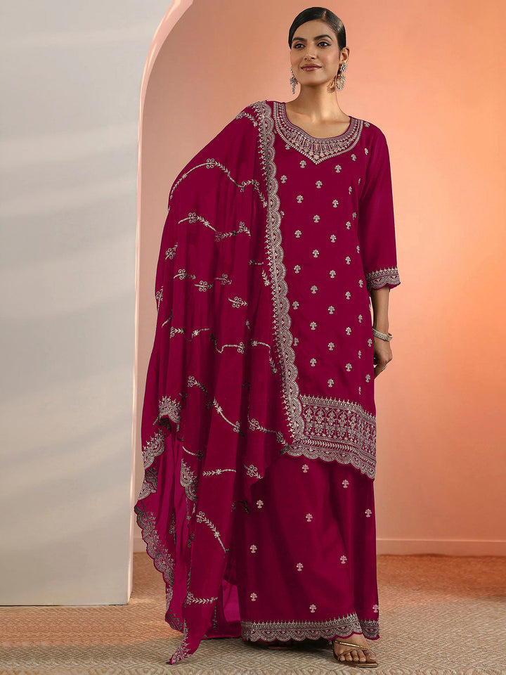 Rani Georgette Embroidered Semi Stitched Straight Kurta With Palazzo &amp; Dupatta