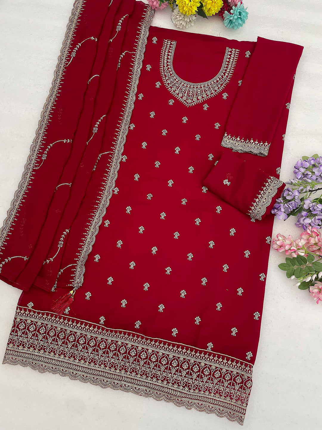 Rani Georgette Embroidered Semi Stitched Straight Kurta With Palazzo &amp; Dupatta