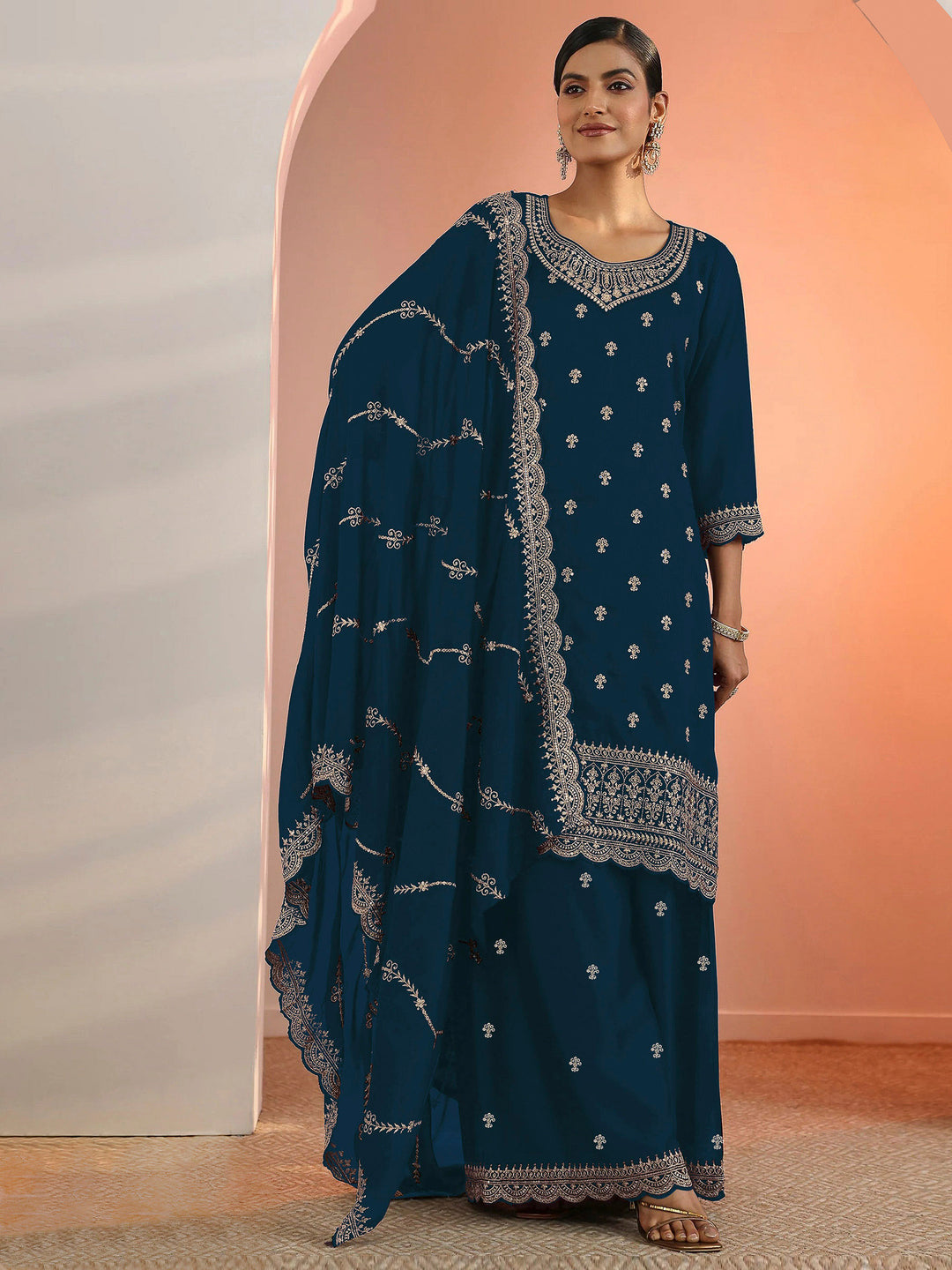 Teal Blue Georgette Embroidered Semi Stitched Straight Kurta With Palazzo &amp; Dupatta