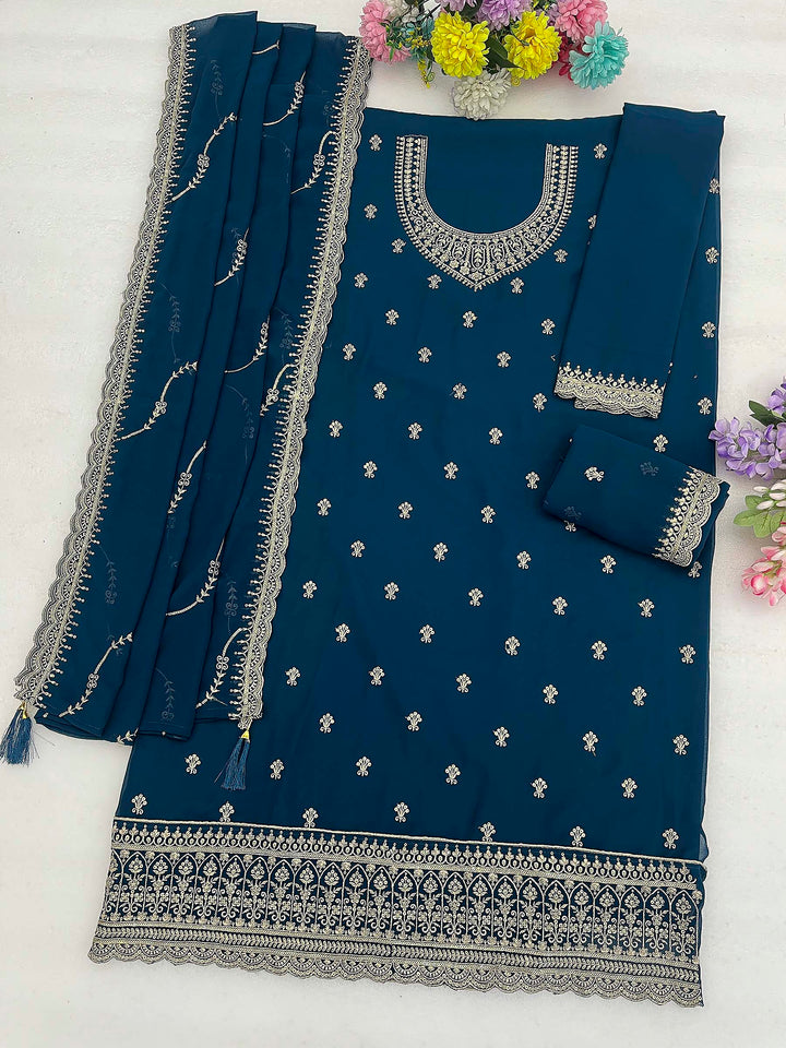 Teal Blue Georgette Embroidered Semi Stitched Straight Kurta With Palazzo &amp; Dupatta