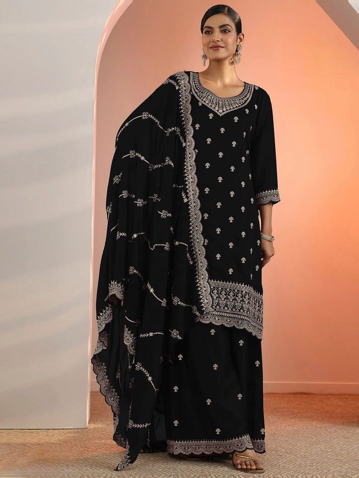 Black Georgette Embroidered Semi Stitched Straight Kurta With Palazzo &amp; Dupatta