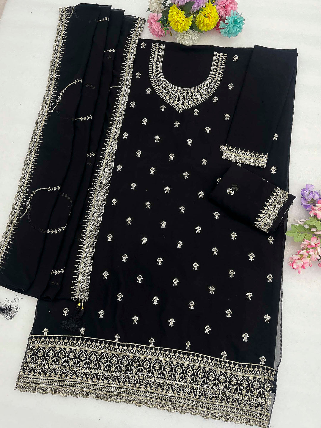 Black Georgette Embroidered Semi Stitched Straight Kurta With Palazzo &amp; Dupatta