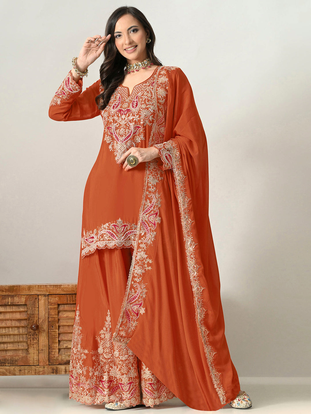 Rust Chinon Embroidered Semi Stitched Straight Kurta With Palazzo &amp; Dupatta