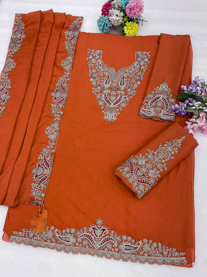 Rust Chinon Embroidered Semi Stitched Straight Kurta With Palazzo &amp; Dupatta