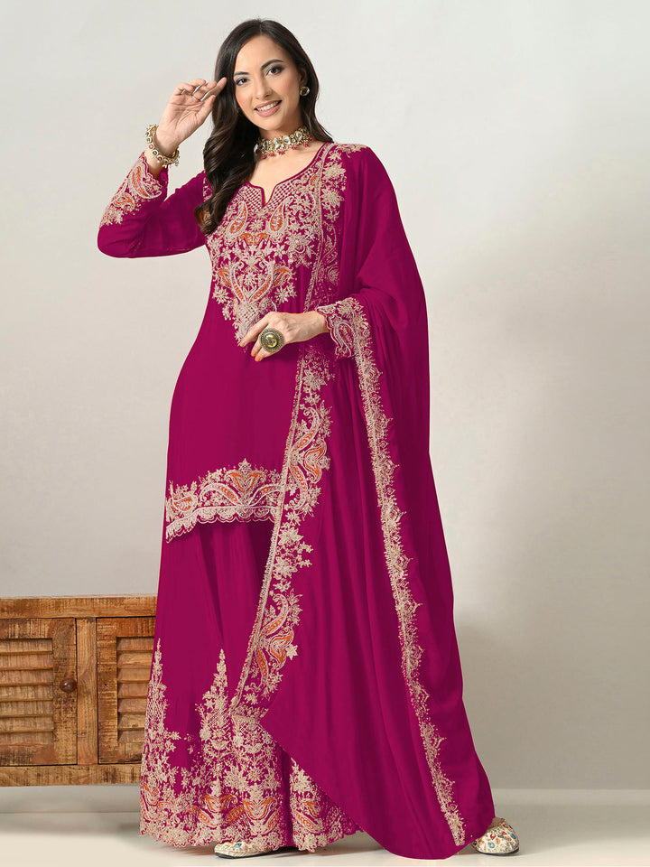Rani Chinon Embroidered Semi Stitched Straight Kurta With Palazzo &amp; Dupatta