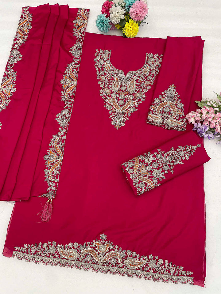 Rani Chinon Embroidered Semi Stitched Straight Kurta With Palazzo &amp; Dupatta