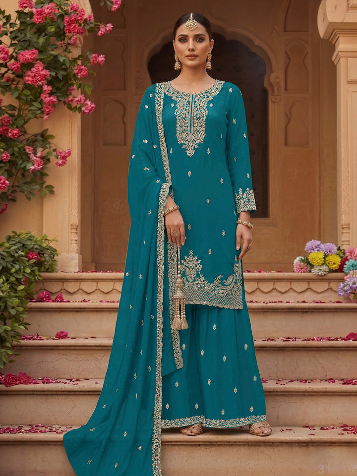 Teal Blue Georgette Embroidered Semi Stitched Straight Kurta With Flared Sharara &amp; Dupatta