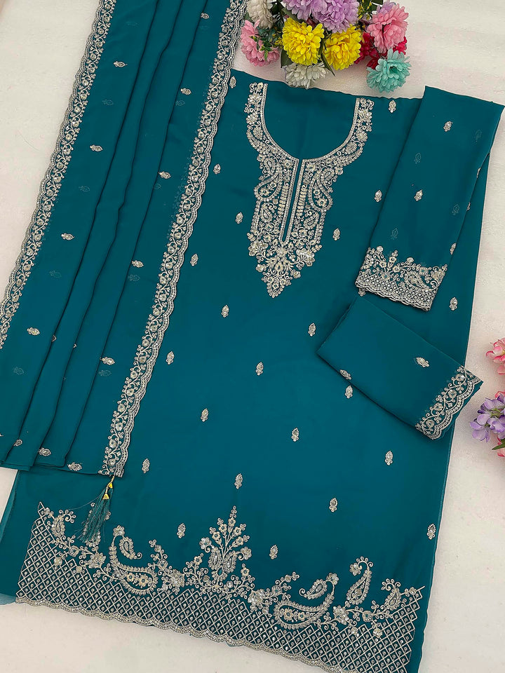 Teal Blue Georgette Embroidered Semi Stitched Straight Kurta With Flared Sharara &amp; Dupatta