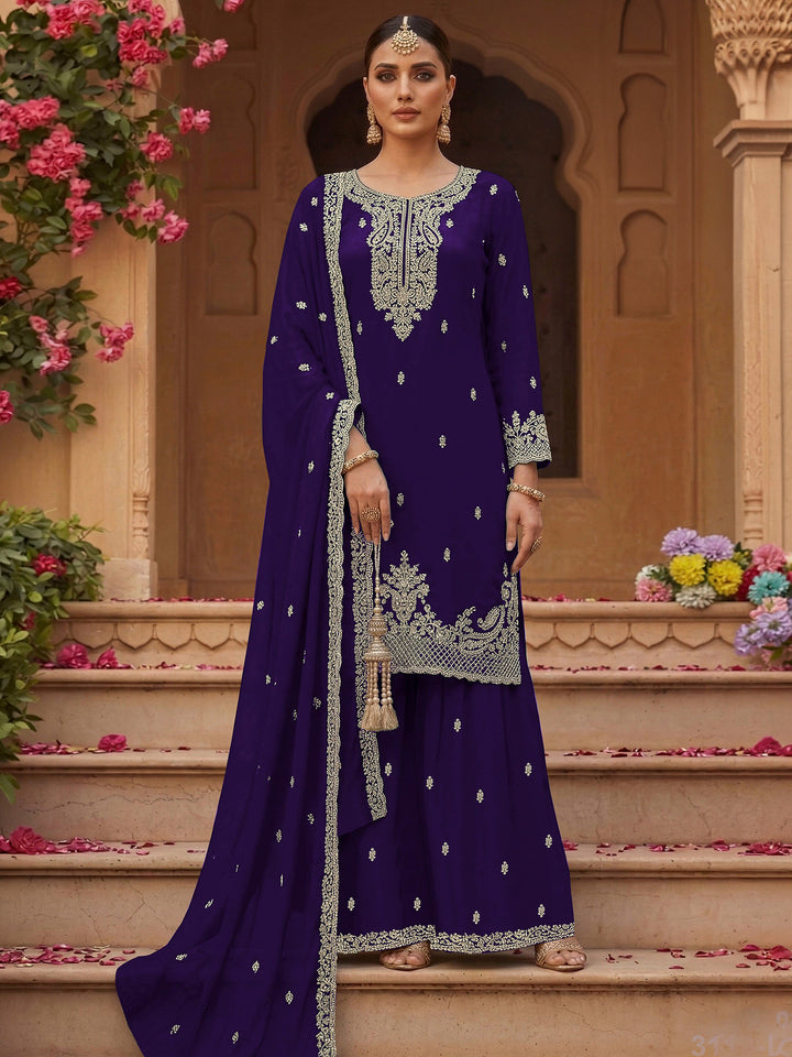 Purple Georgette Embroidered Semi Stitched Straight Kurta With Flared Sharara &amp; Dupatta
