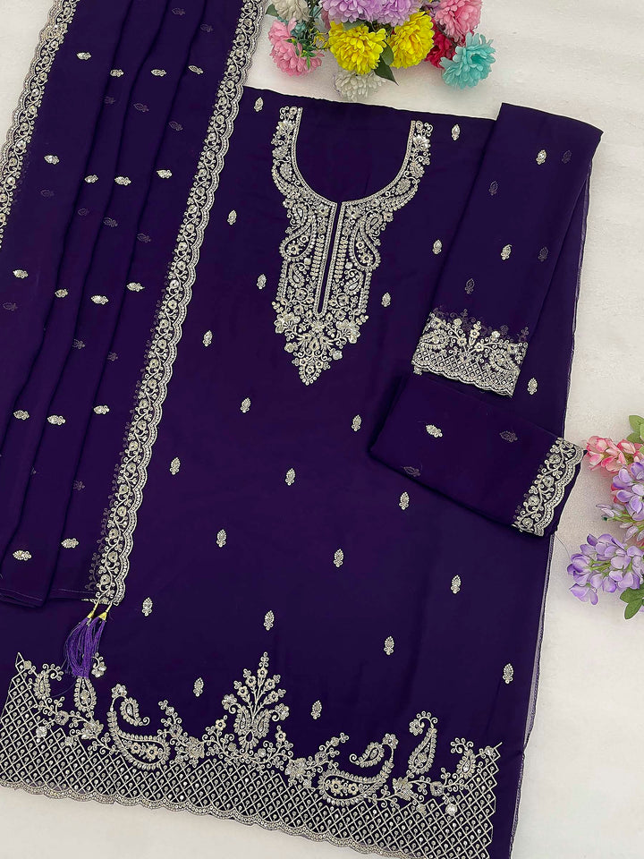 Purple Georgette Embroidered Semi Stitched Straight Kurta With Flared Sharara &amp; Dupatta