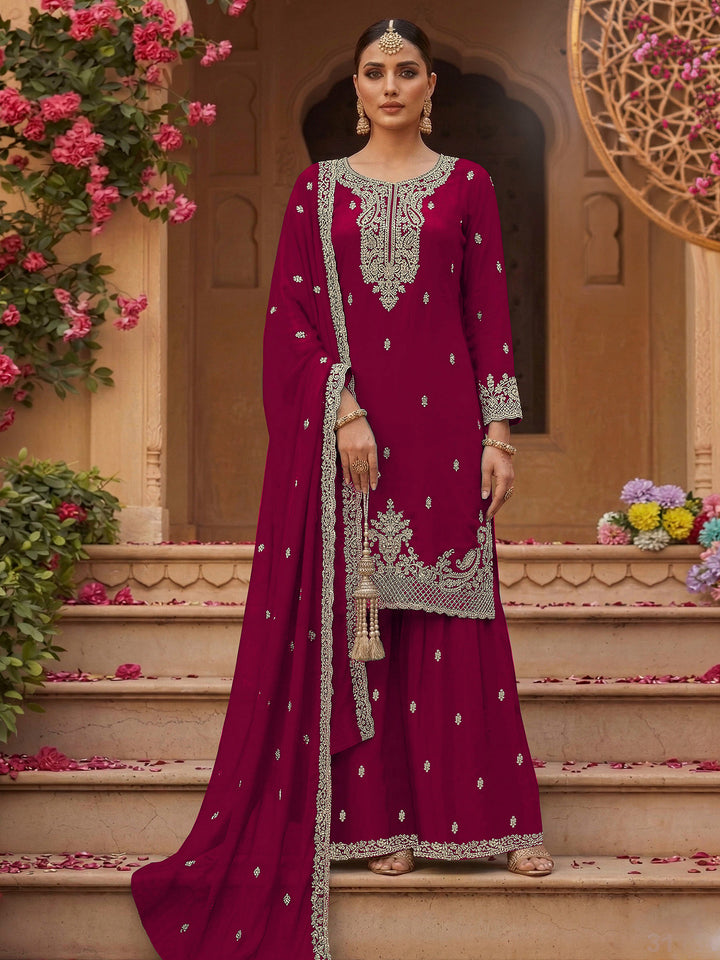 Rani Georgette Embroidered Semi Stitched Straight Kurta With Flared Sharara &amp; Dupatta