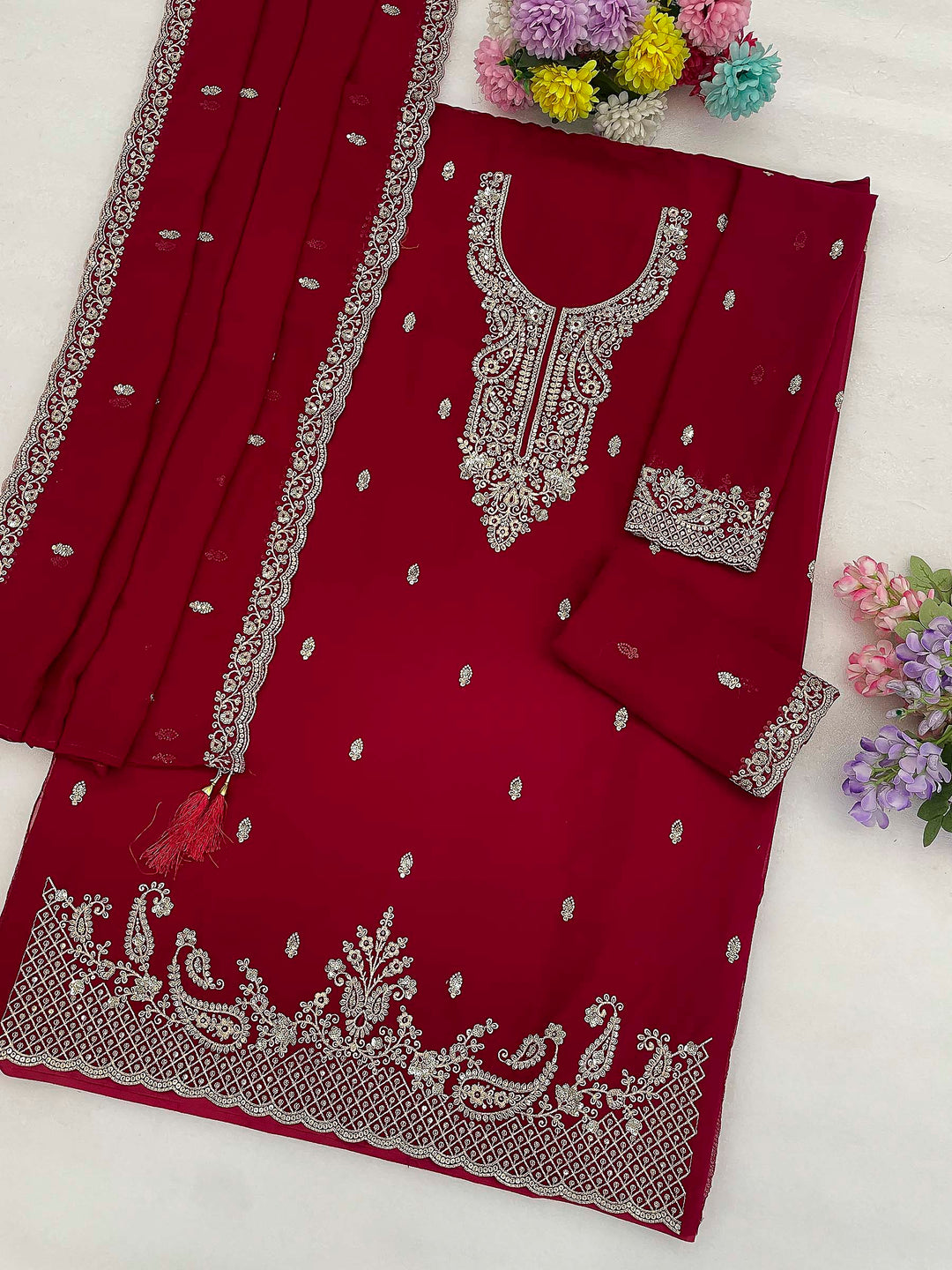 Rani Georgette Embroidered Semi Stitched Straight Kurta With Flared Sharara &amp; Dupatta