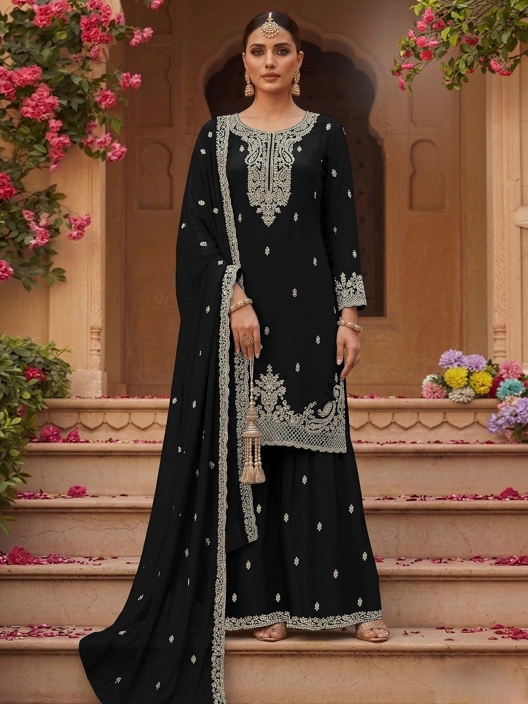 Black Georgette Embroidered Semi Stitched Straight Kurta With Flared Sharara &amp; Dupatta