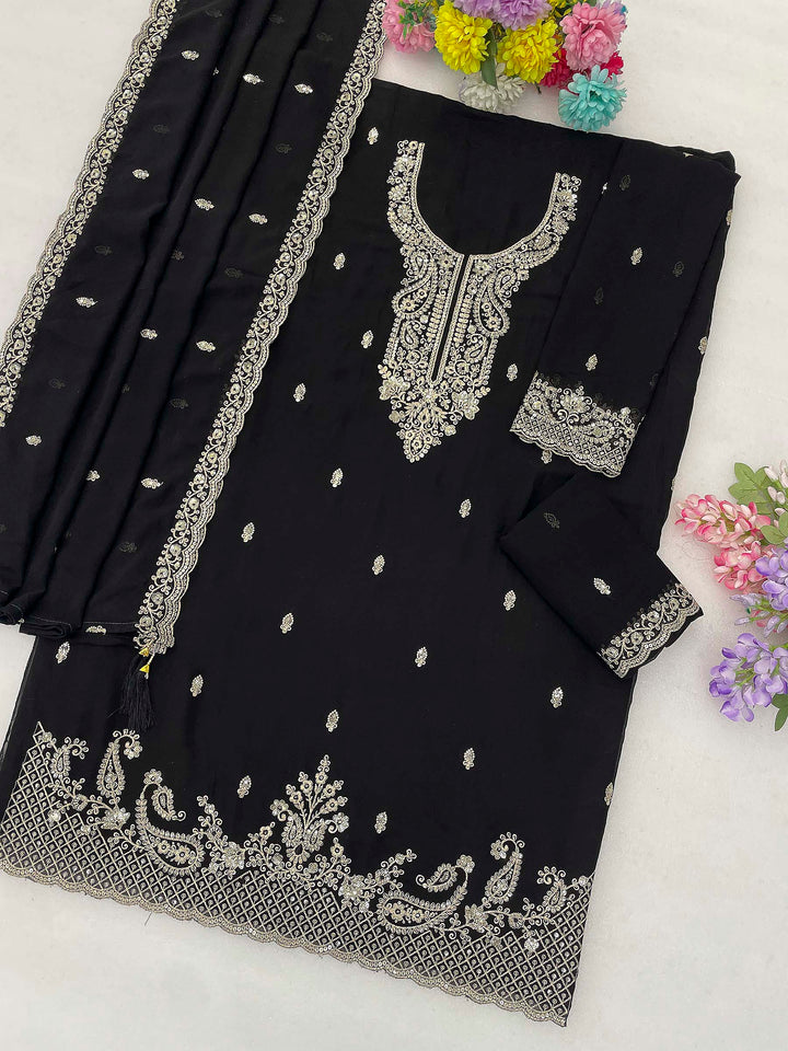 Black Georgette Embroidered Semi Stitched Straight Kurta With Flared Sharara &amp; Dupatta