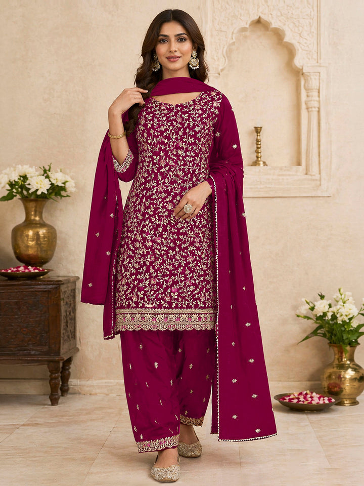 Rani Georgette Embroidered Semi Stitched Straight Kurta With Patiala Salwar &amp; Dupatta