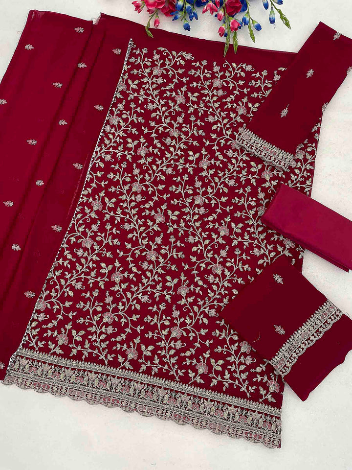 Rani Georgette Embroidered Semi Stitched Straight Kurta With Patiala Salwar &amp; Dupatta