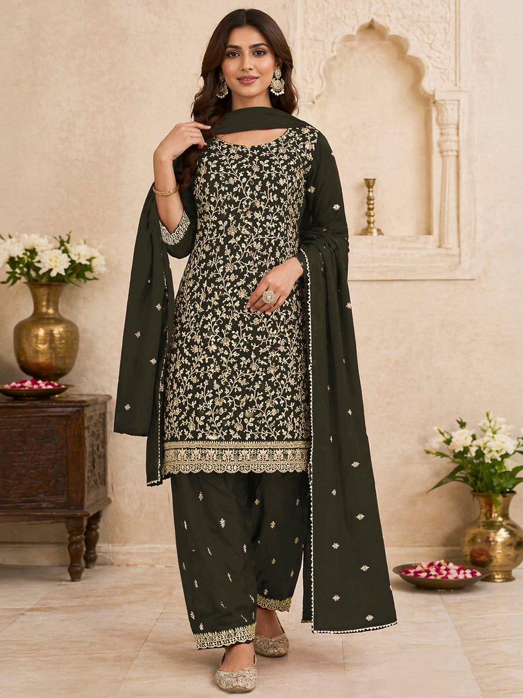 Olive Green Georgette Embroidered Semi Stitched Straight Kurta With Patiala Salwar &amp; Dupatta