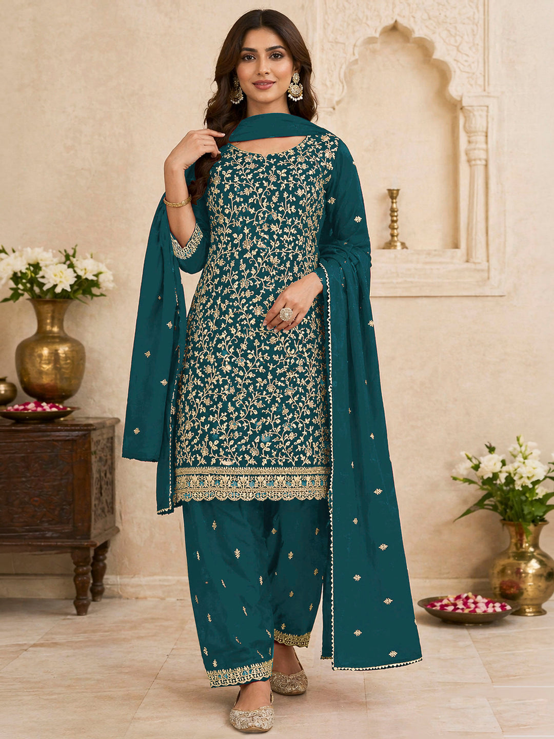 Teal Blue Georgette Embroidered Semi Stitched Straight Kurta With Patiala Salwar &amp; Dupatta