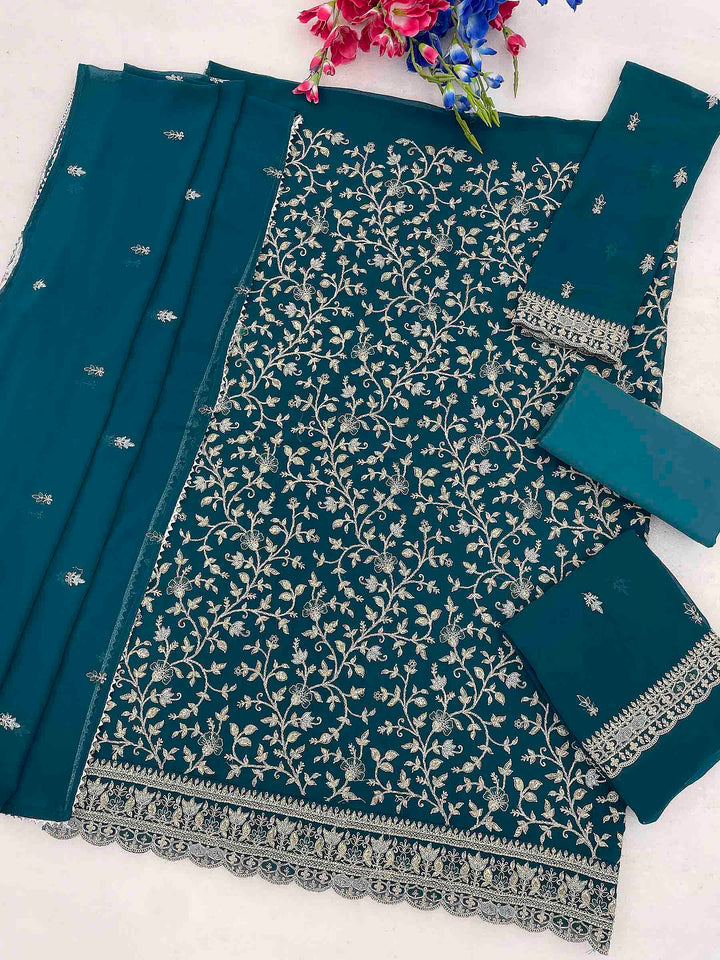 Teal Blue Georgette Embroidered Semi Stitched Straight Kurta With Patiala Salwar &amp; Dupatta