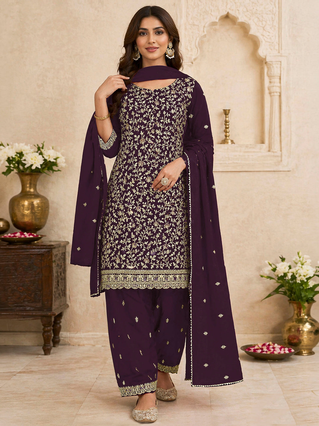 Wine Georgette Embroidered Semi Stitched Straight Kurta With Patiala Salwar &amp; Dupatta