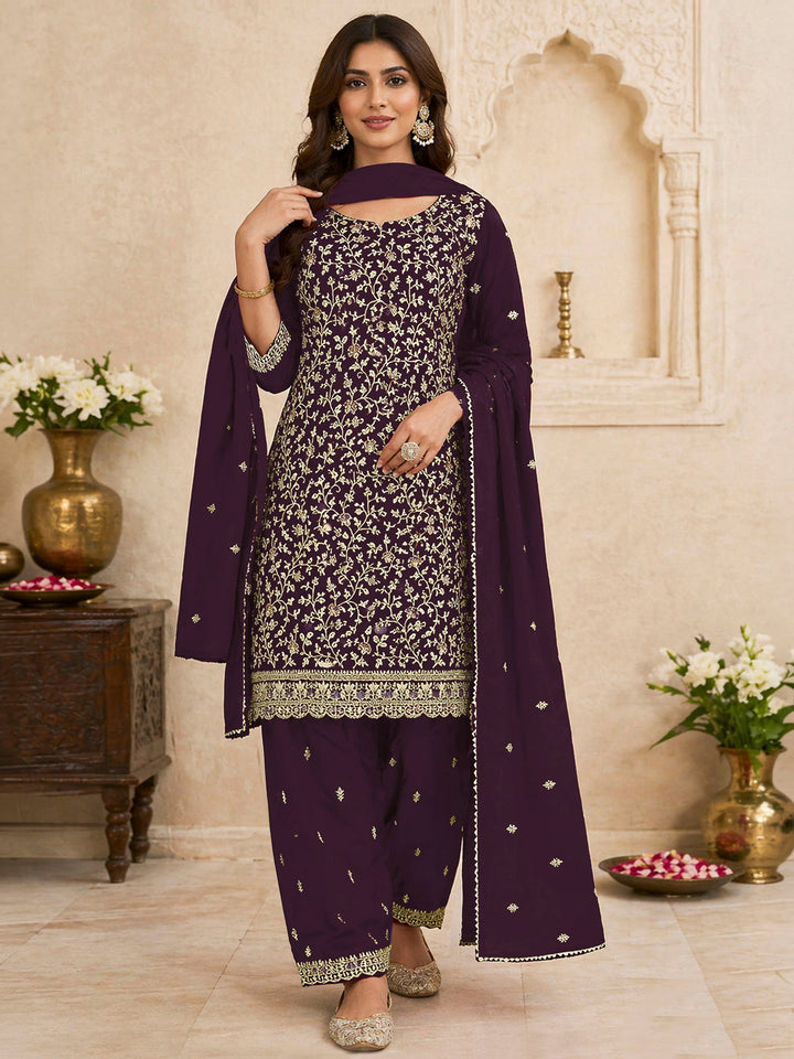 Wine Georgette Embroidered Semi Stitched Straight Kurta With Patiala Salwar &amp; Dupatta