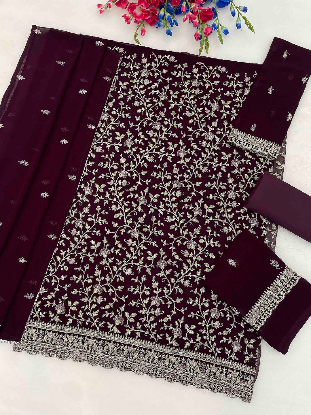 Wine Georgette Embroidered Semi Stitched Straight Kurta With Patiala Salwar &amp; Dupatta