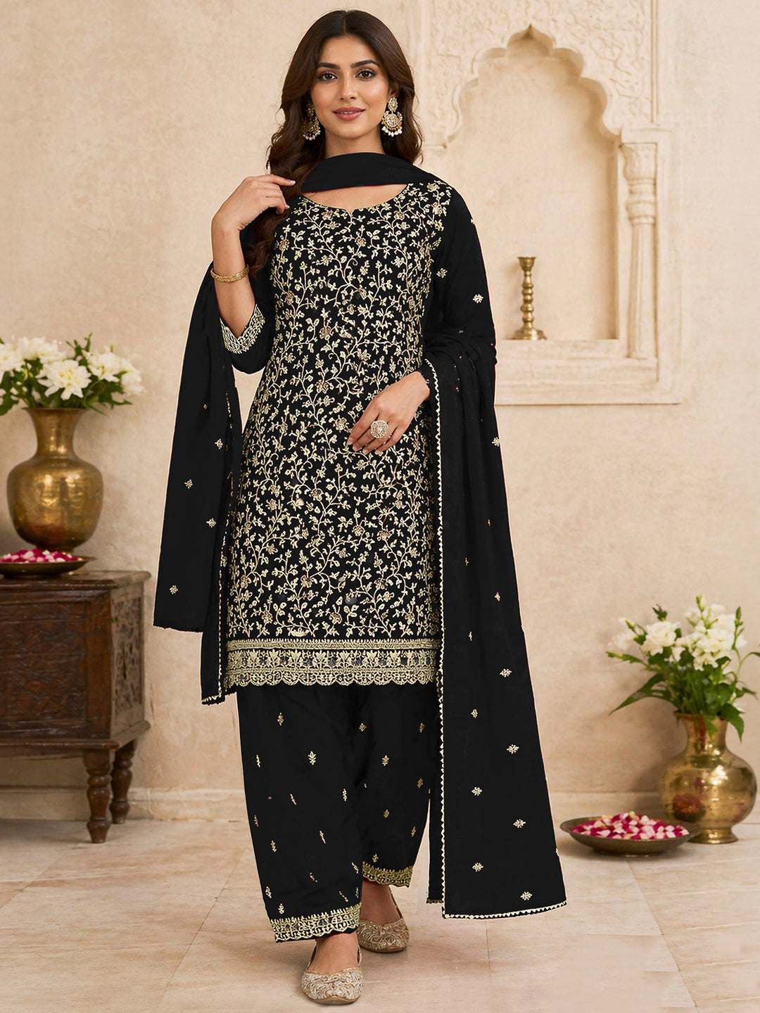 Black Georgette Embroidered Semi Stitched Straight Kurta With Patiala Salwar &amp; Dupatta
