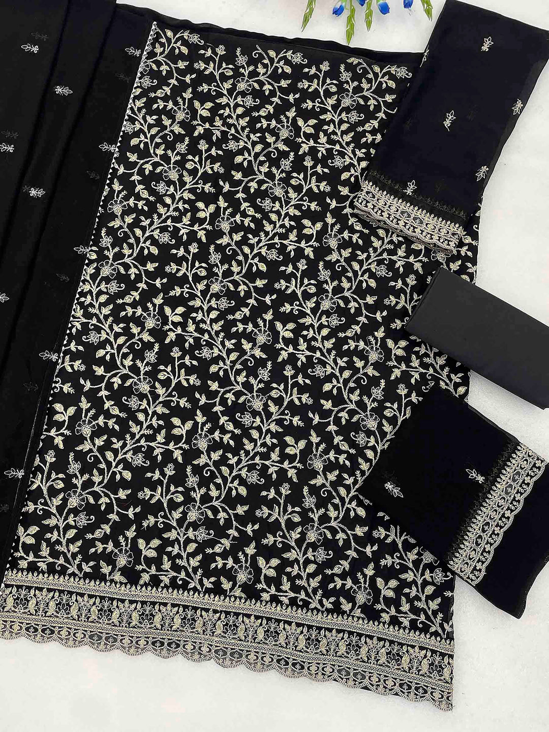 Black Georgette Embroidered Semi Stitched Straight Kurta With Patiala Salwar &amp; Dupatta