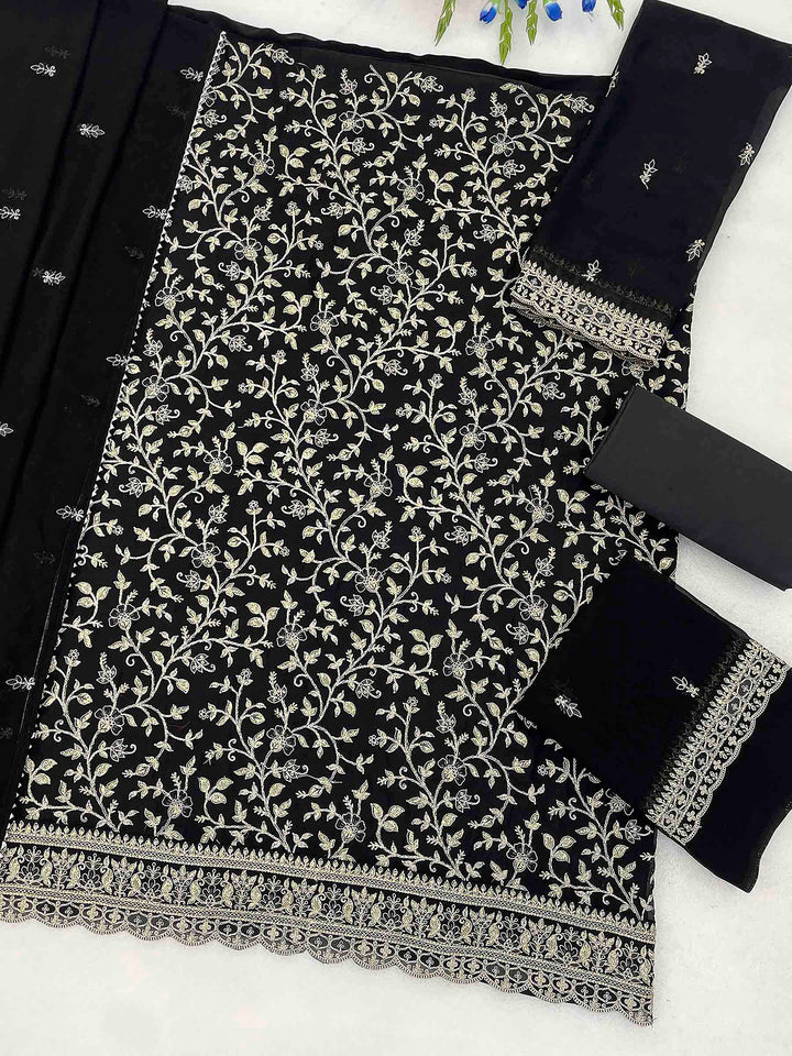 Black Georgette Embroidered Semi Stitched Straight Kurta With Patiala Salwar &amp; Dupatta