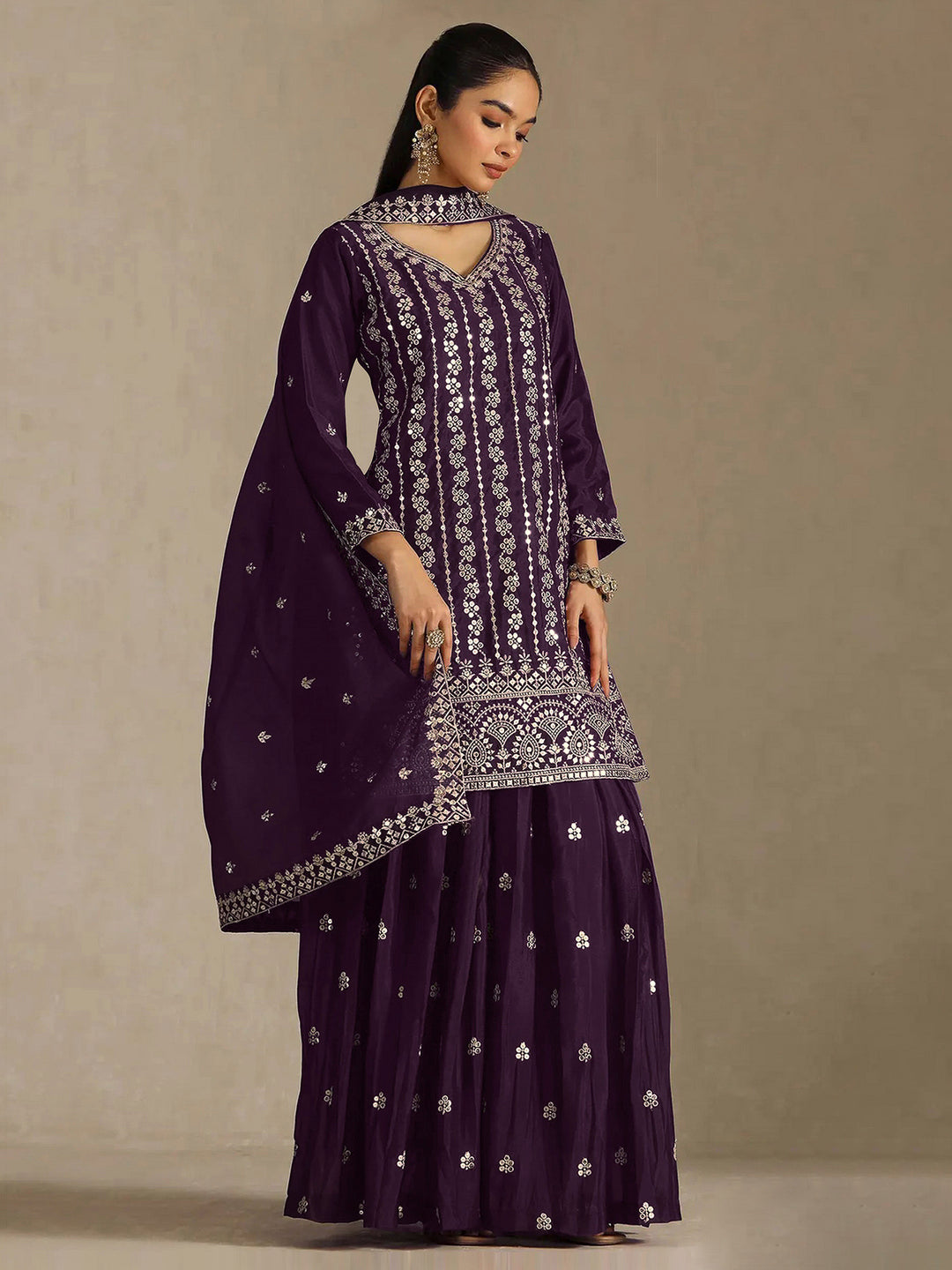 Wine Chinon Embroidered Semi Stitched Straight Kurta With Flared Sharara &amp; Dupatta