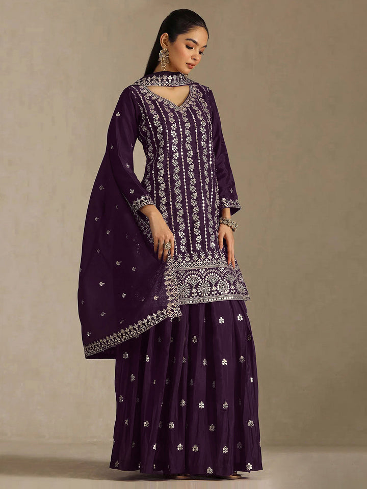 Wine Chinon Embroidered Semi Stitched Straight Kurta With Flared Sharara &amp; Dupatta