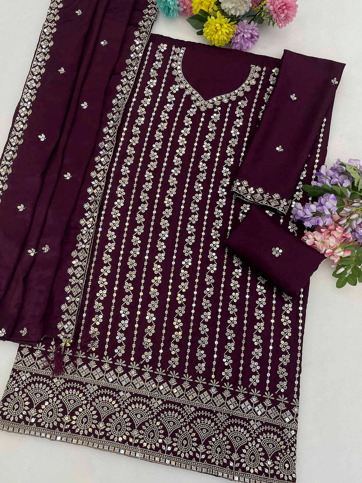 Wine Chinon Embroidered Semi Stitched Straight Kurta With Flared Sharara &amp; Dupatta