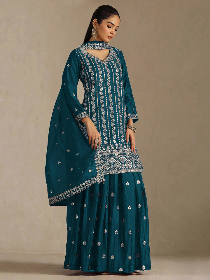 Teal Blue Chinon Embroidered Semi Stitched Straight Kurta With Flared Sharara &amp; Dupatta
