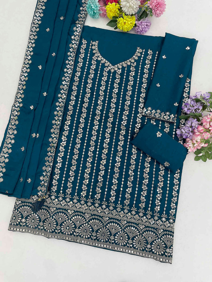 Teal Blue Chinon Embroidered Semi Stitched Straight Kurta With Flared Sharara &amp; Dupatta