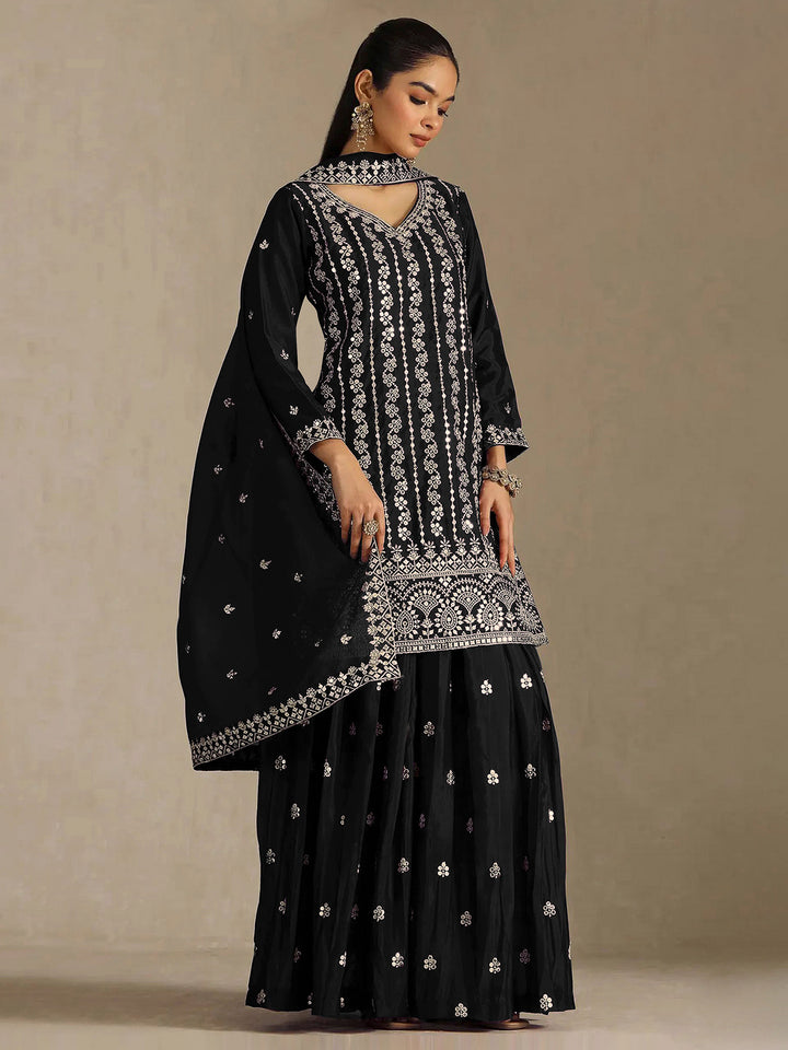 Black Chinon Embroidered Semi Stitched Straight Kurta With Flared Sharara &amp; Dupatta
