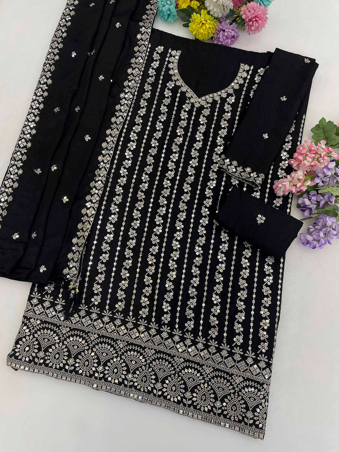 Black Chinon Embroidered Semi Stitched Straight Kurta With Flared Sharara &amp; Dupatta