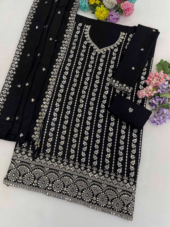 Black Chinon Embroidered Semi Stitched Straight Kurta With Flared Sharara &amp; Dupatta