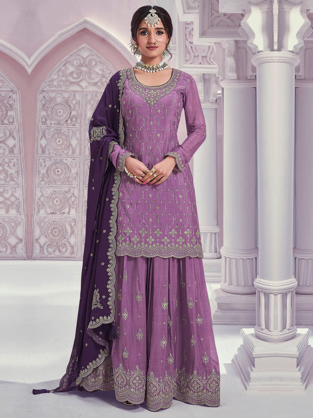 Lavender Chinon Embroidered Semi Stitched Straight Kurta With Flared Sharara &amp; Dupatta