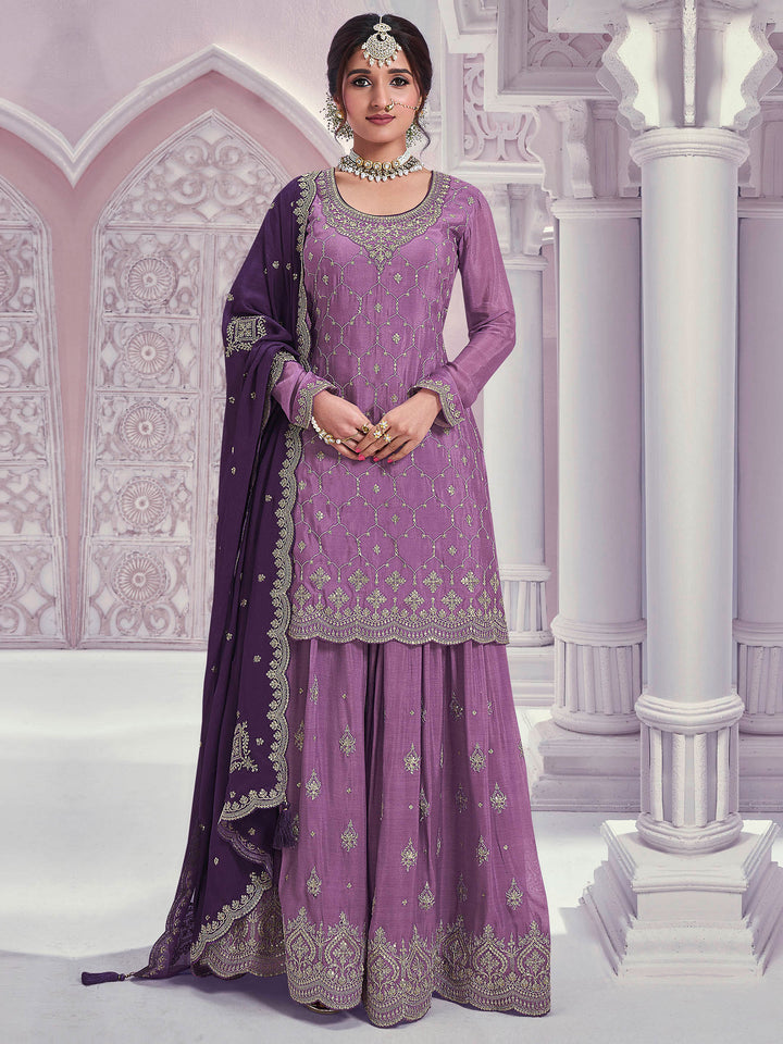Lavender Chinon Embroidered Semi Stitched Straight Kurta With Flared Sharara &amp; Dupatta