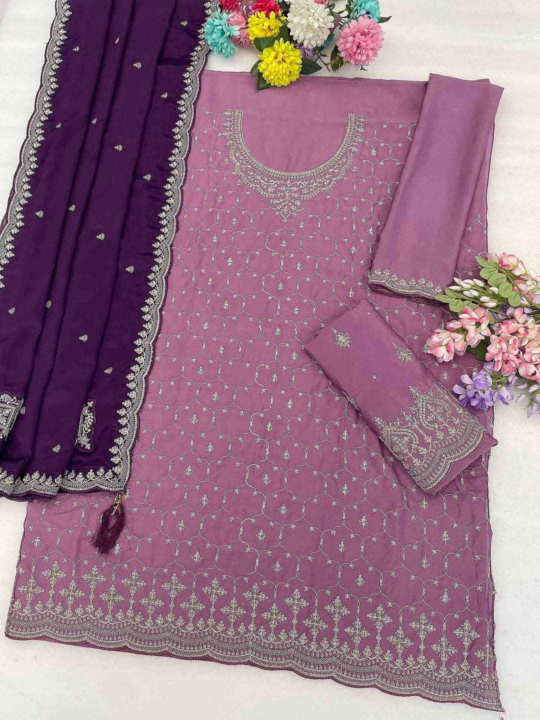 Lavender Chinon Embroidered Semi Stitched Straight Kurta With Flared Sharara &amp; Dupatta