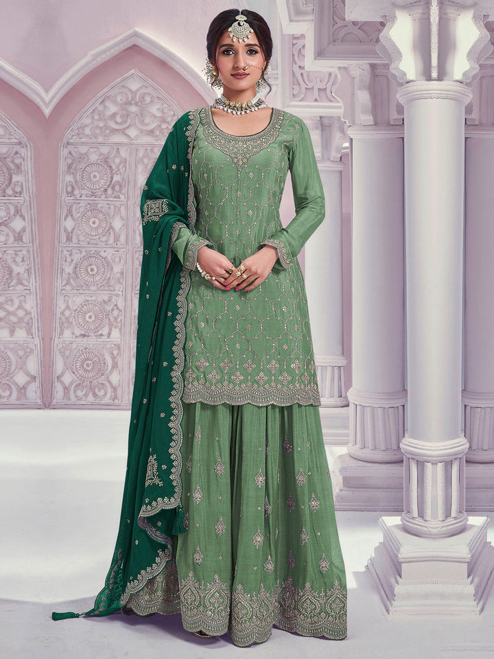 Sea Green Chinon Embroidered Semi Stitched Straight Kurta With Flared Sharara &amp; Dupatta