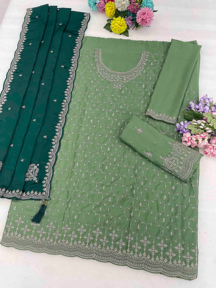 Sea Green Chinon Embroidered Semi Stitched Straight Kurta With Flared Sharara &amp; Dupatta