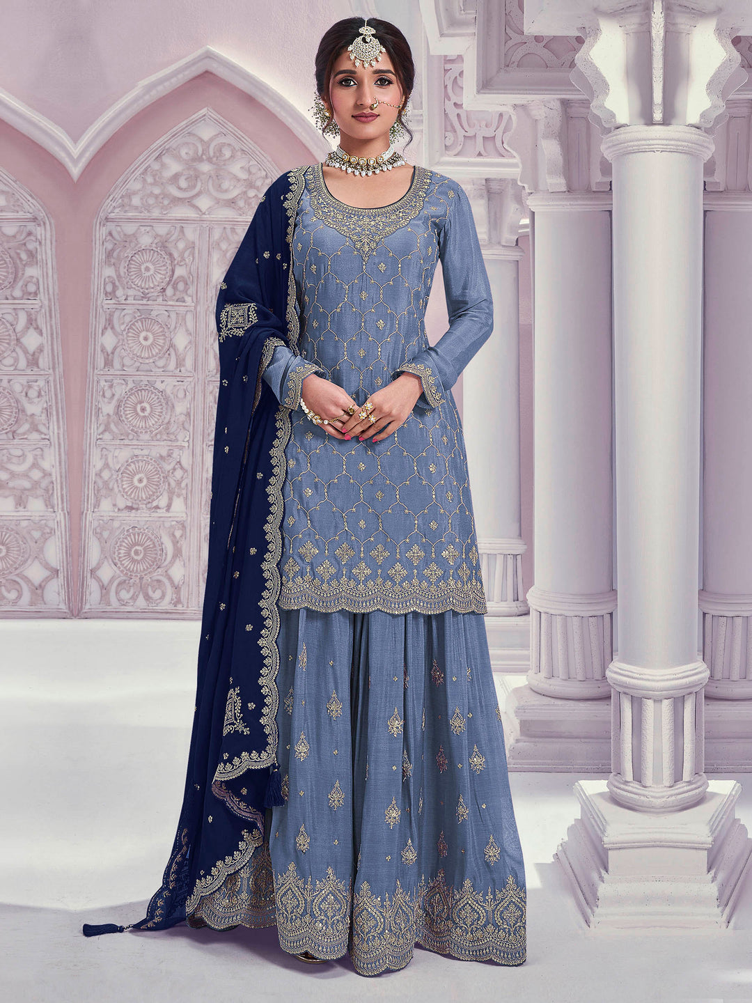 Sky Blue Chinon Embroidered Semi Stitched Straight Kurta With Flared Sharara &amp; Dupatta