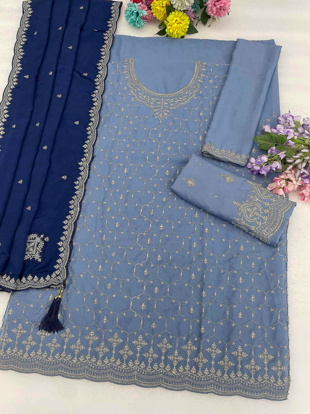Sky Blue Chinon Embroidered Semi Stitched Straight Kurta With Flared Sharara &amp; Dupatta
