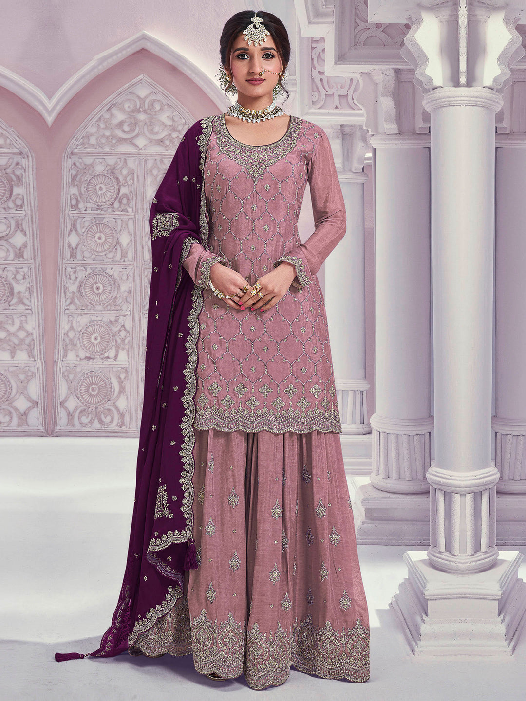 Rose Chinon Embroidered Semi Stitched Straight Kurta With Flared Sharara &amp; Dupatta