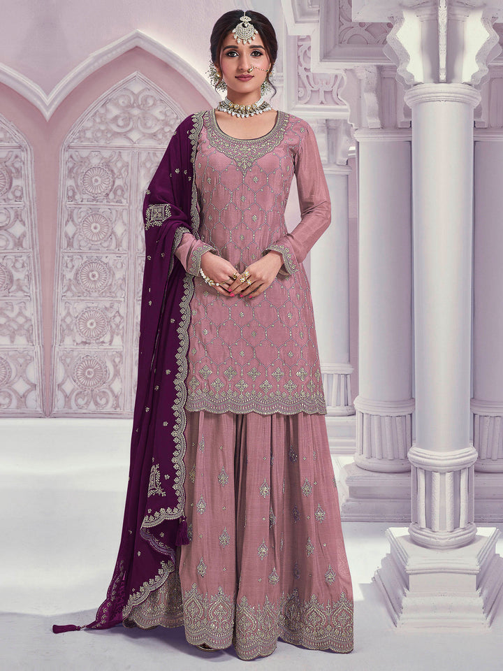 Rose Chinon Embroidered Semi Stitched Straight Kurta With Flared Sharara &amp; Dupatta