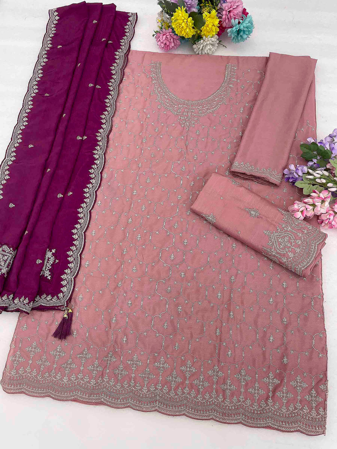 Rose Chinon Embroidered Semi Stitched Straight Kurta With Flared Sharara &amp; Dupatta